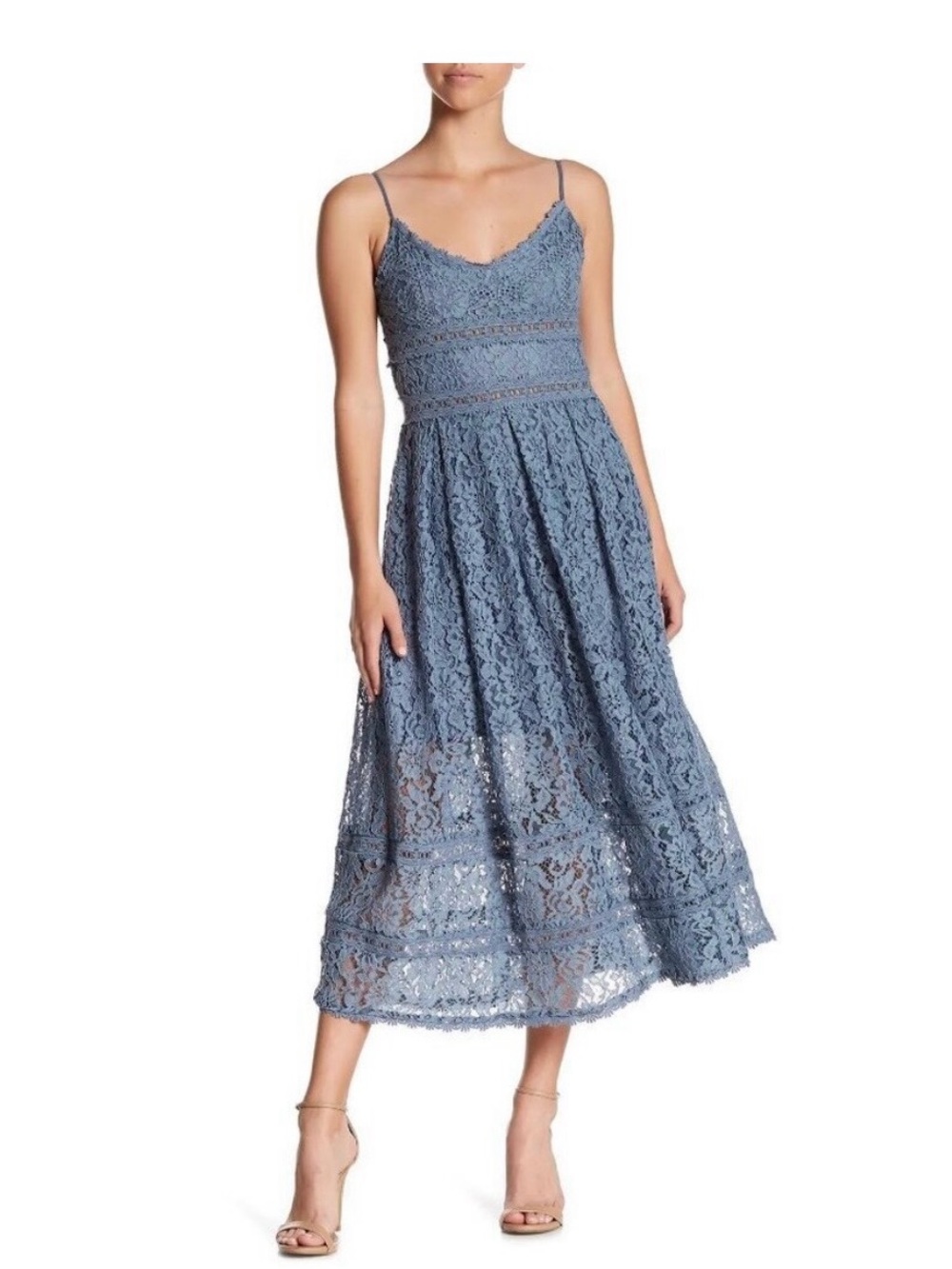 NSR Dusty Blue Lace Spaghetti Strap Midi Dress